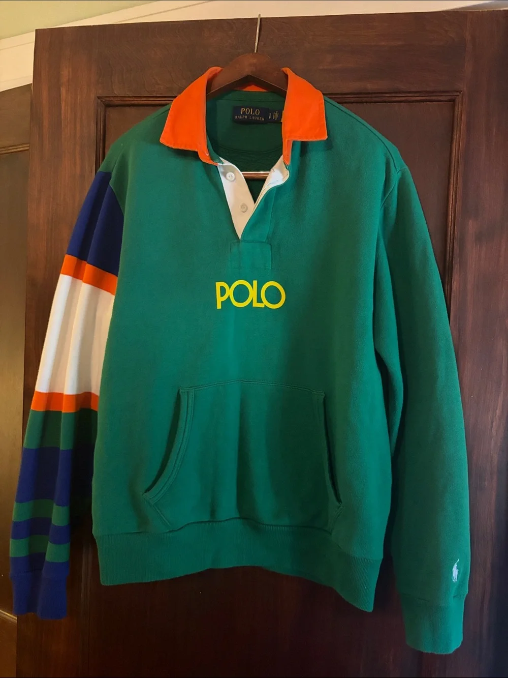 Polo Ralph Lauren Green Rugby Shirt with Orange Collar - Picture 1 of 5